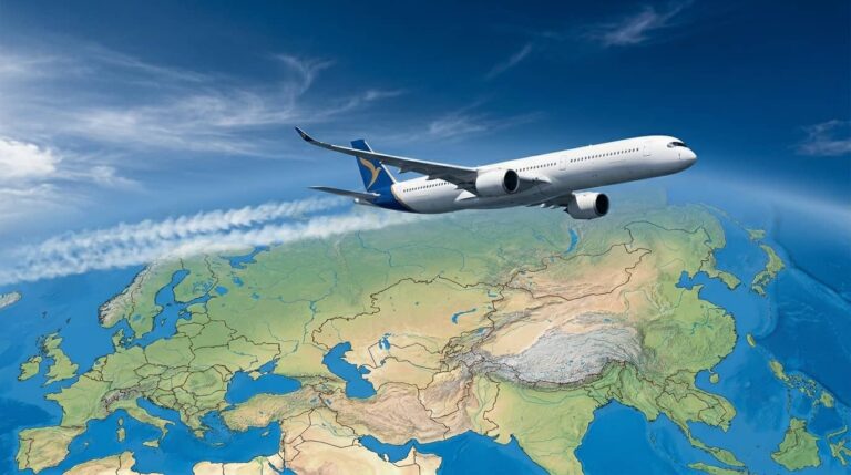 Avi&oacute;n volando sobre un mapa entre Europa y Asia representando rutas a&eacute;reas internacionales