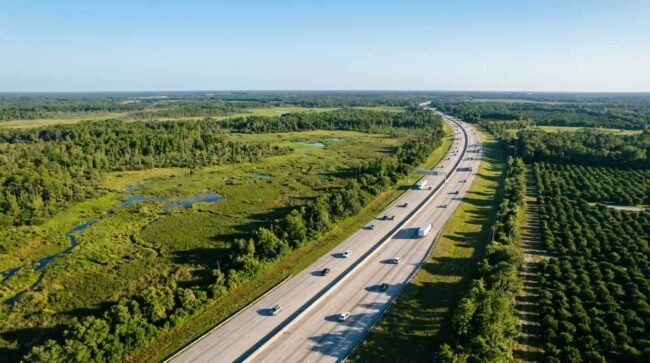 Vista aérea de una autopista en Florida rodeada de naturaleza en la ruta entre Miami y Orlando