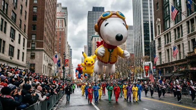 Desfile de Thanksgiving en Nueva York con globos gigantes durante el Día de Acción de Gracias