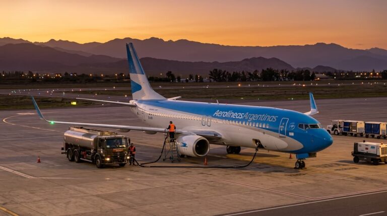 Avi&oacute;n de Aerol&iacute;neas Argentinas cargando combustible en el aeropuerto, costo clave en el precio de los vuelos