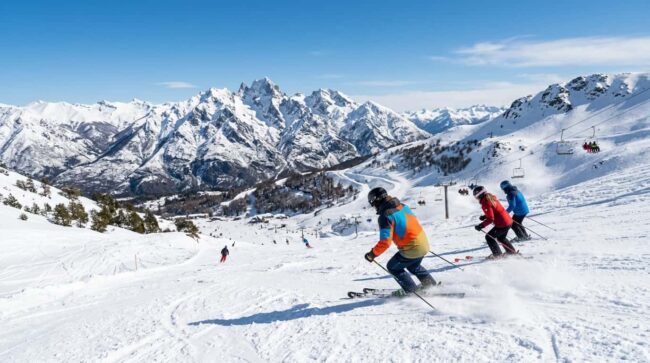 Personas esquiando en un centro de esquí durante las vacaciones de invierno en la montaña