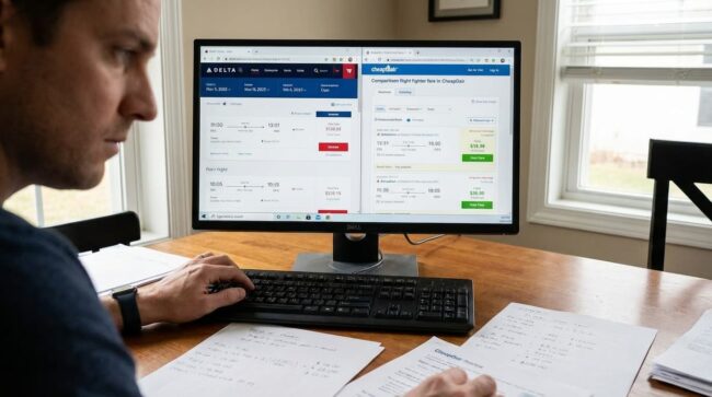 Persona comparando precios de vuelos entre aerolínea y CheapOair en computadora