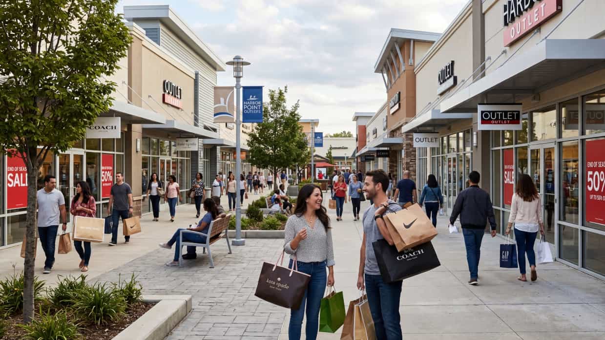 Centro comercial outlet en Estados Unidos con personas comprando y descuentos visibles