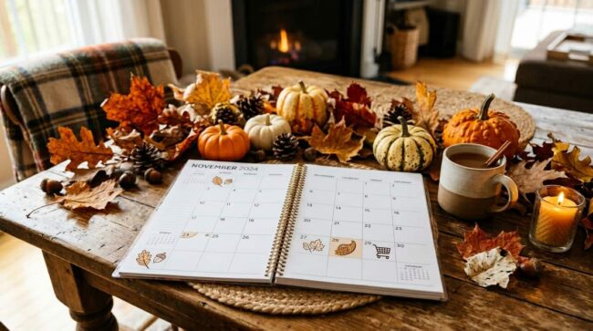 Calendario de noviembre con decoración de otoño y calabazas, mes en que se celebra el Día de Acción de Gracias en Estados Unidos