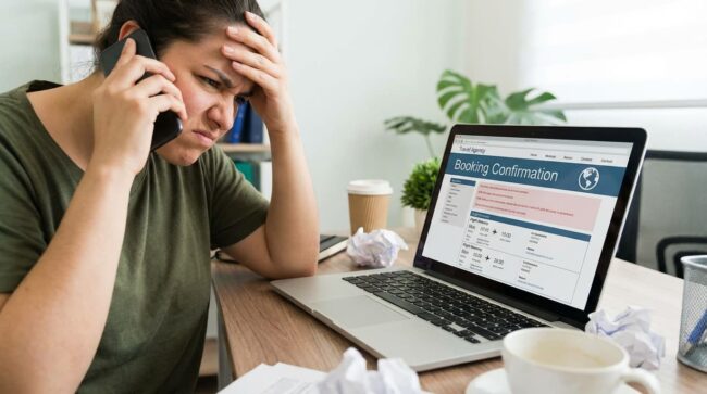 Persona frustrada hablando por teléfono por problema con reserva de viaje online