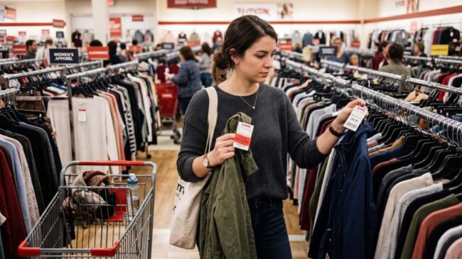 Persona comparando precios en tienda de ropa con descuentos en Estados Unidos