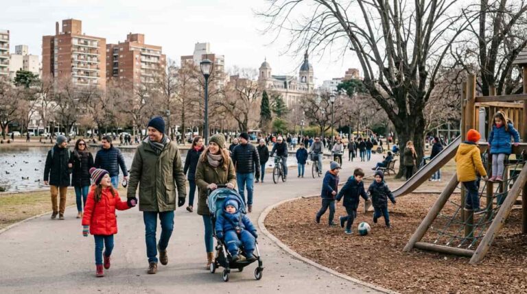Familias paseando en un parque durante las vacaciones de invierno en una ciudad de Argentina