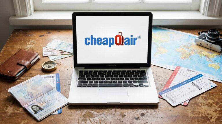 Laptop con logo de CheapOair y documentos de viaje sobre una mesa