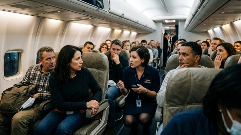 Pasajeros en avi&oacute;n atentos mientras tripulaci&oacute;n gestiona una situaci&oacute;n tensa en cabina