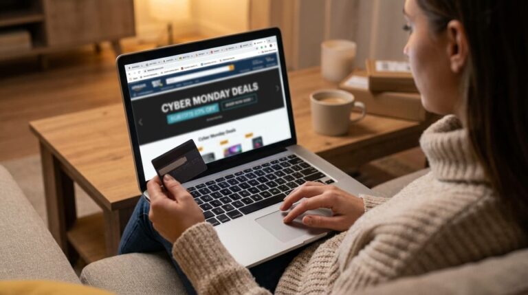 Persona comprando en l&iacute;nea durante Cyber Monday desde una laptop