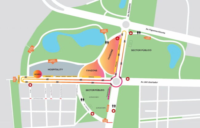 Mapa del evento de Franco Colapinto en Buenos Aires con accesos, fanzone, gradas y sectores del público