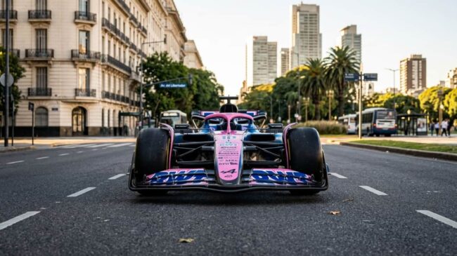 Auto de Fórmula 1 de Alpine en Buenos Aires durante la exhibición de Franco Colapinto en la ciudad