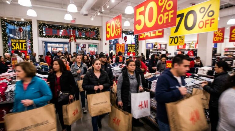 Personas comprando en una tienda con grandes descuentos durante temporada de rebajas en Estados Unidos