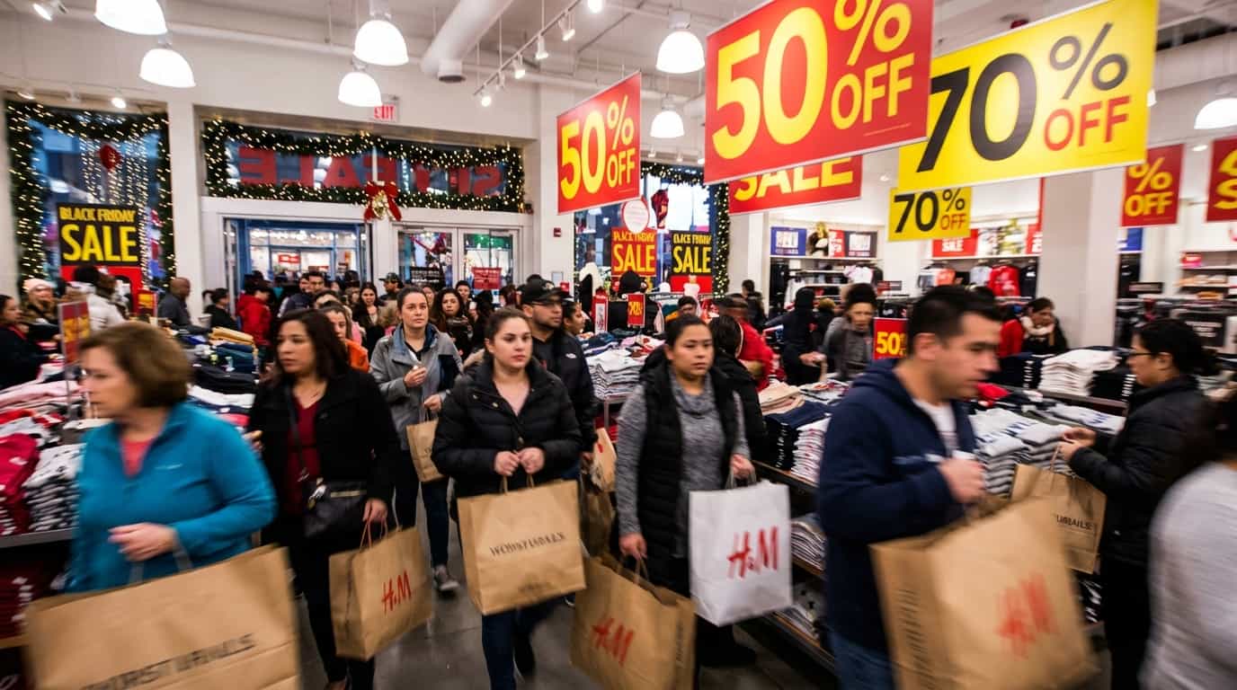 Personas comprando en una tienda con grandes descuentos durante temporada de rebajas en Estados Unidos