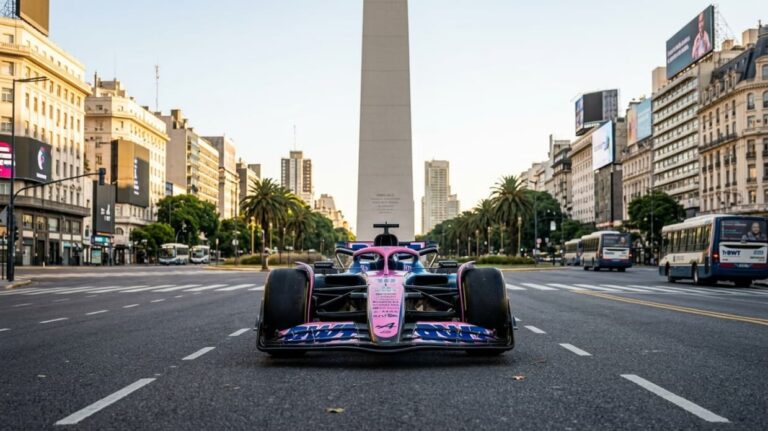 Auto de F&oacute;rmula 1 de Alpine frente al Obelisco en Buenos Aires durante la exhibici&oacute;n de Franco Colapinto