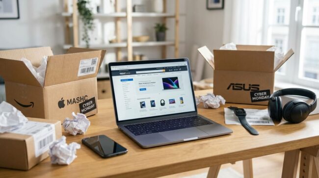 Compras de tecnología en línea durante Cyber Monday con laptop y paquetes