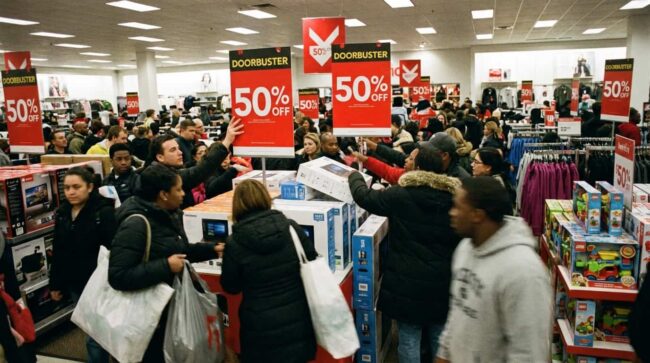 Personas comprando productos en ofertas tipo doorbuster en una tienda de Estados Unidos