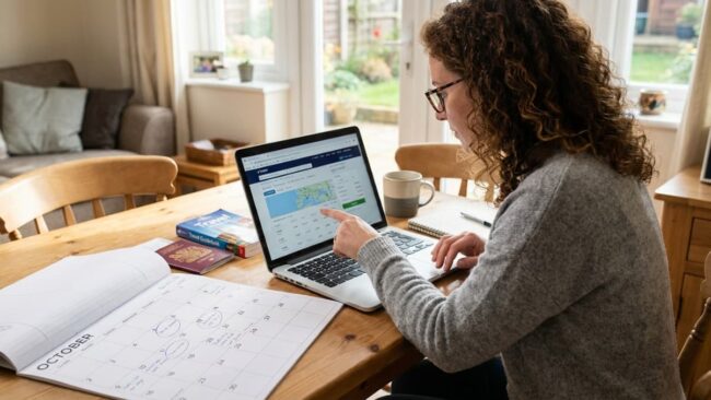 Mujer planificando un viaje para Semana Santa 2027 con calendario y laptop buscando fechas y destinos