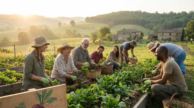 Viajeros participando en voluntariado agrícola en una granja orgánica a cambio de alojamiento