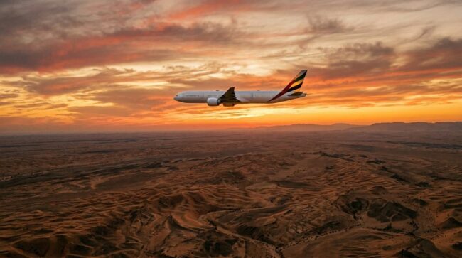 Vuelo internacional sobre el Medio Oriente Avión comercial volando sobre el desierto del Medio Oriente durante un vuelo entre Asia y Europa