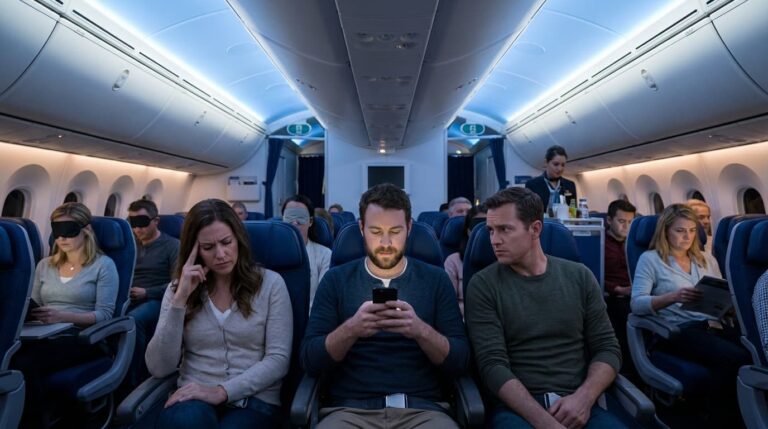 Pasajeros en cabina de avi&oacute;n mientras uno usa su celular sin auriculares, motivo de la nueva pol&iacute;tica de United Airlines