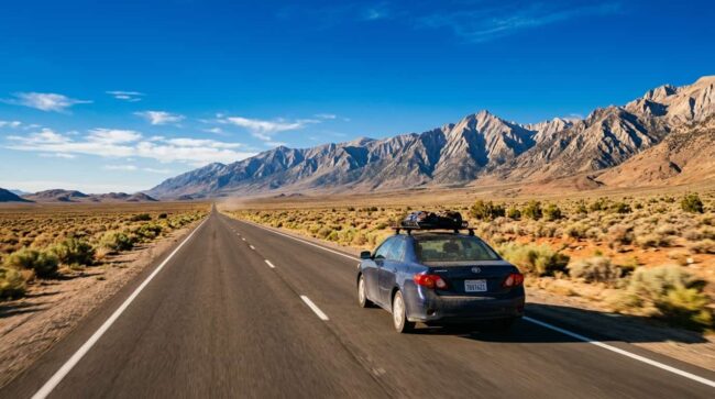 Auto viajando por carretera en el desierto entre Los Ángeles y Las Vegas