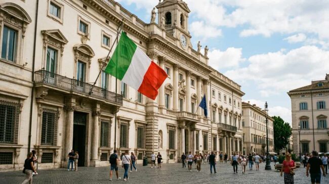 Edificio gubernamental en Italia con bandera italiana ondeando en plaza histórica Edificio gubernamental en Italia con bandera italiana en plaza histórica