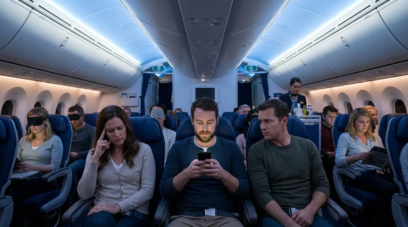 Pasajeros en cabina de avión mientras uno usa su celular sin auriculares, motivo de la nueva política de United Airlines