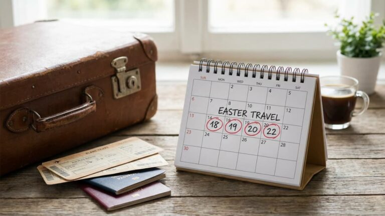Calendario con fechas marcadas de Semana Santa junto a valija y pasaportes
