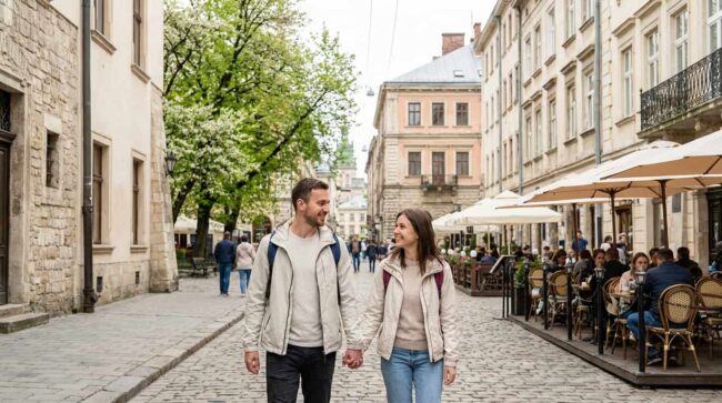 Pareja de turistas caminando por una ciudad histórica de Europa durante un viaje en Semana Santa