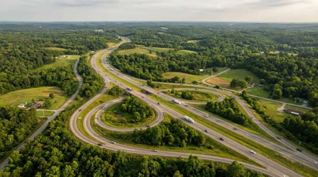 Vista aérea de un cruce de autopistas en Estados Unidos durante un viaje en carro