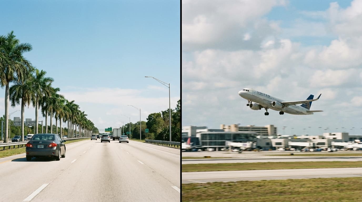 Comparación entre viajar en carro y en avión de Miami a Orlando en Estados Unidos