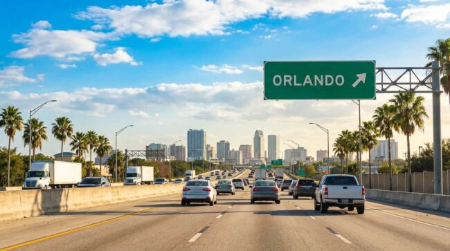 Autopista con señal hacia Orlando en Florida con tráfico y palmeras