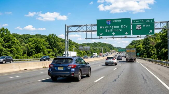 Autopista interestatal I-95 rumbo a Washington DC desde Nueva York, una de las principales rutas para viajar en carro entre ambas ciudades