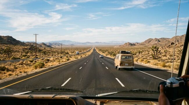 Carretera en el desierto durante el viaje en auto entre Los Ángeles y Las Vegas