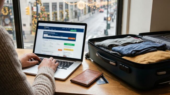 Reservando viajes online con maleta lista durante ofertas de Cyber Monday Persona reservando un viaje en laptop junto a una maleta abierta
