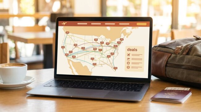 Laptop con mapa de Estados Unidos mostrando rutas y ofertas de vuelos baratos