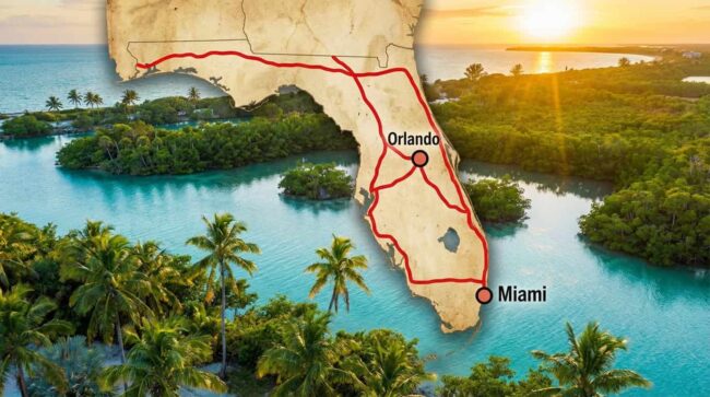 Mapa de Florida mostrando la ruta entre Miami y Orlando