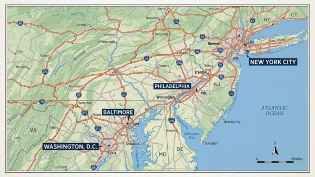 Mapa de la ruta entre Nueva York y Washington DC pasando por Filadelfia y Baltimore en la costa este de Estados Unidos