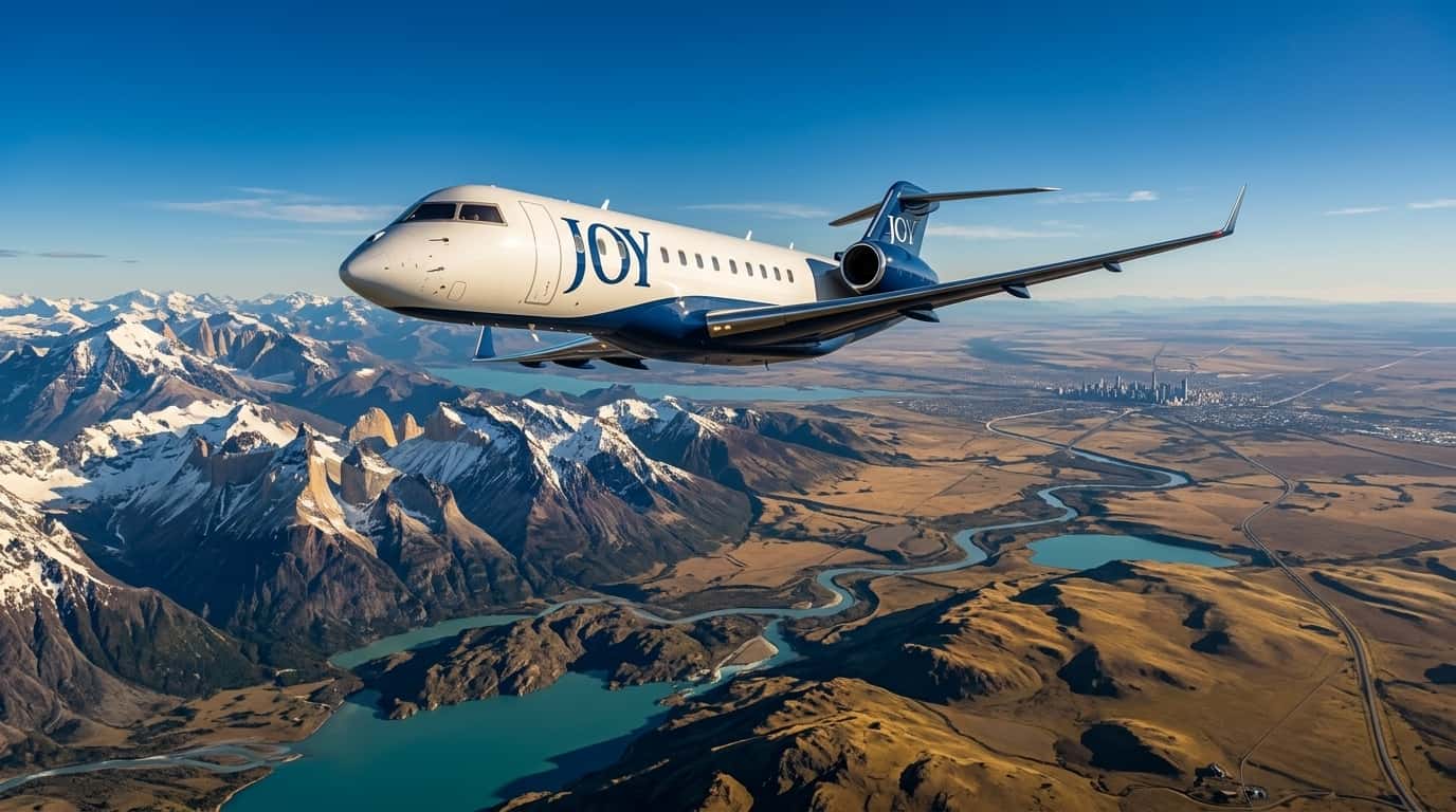 Avión de Joy Airlines volando sobre paisaje montañoso, proyecto de aerolínea que busca operar vuelos domésticos en Argentina