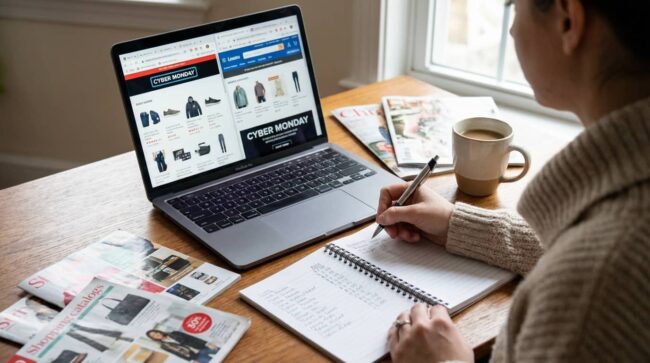 Persona comparando ofertas de Cyber Monday en una laptop