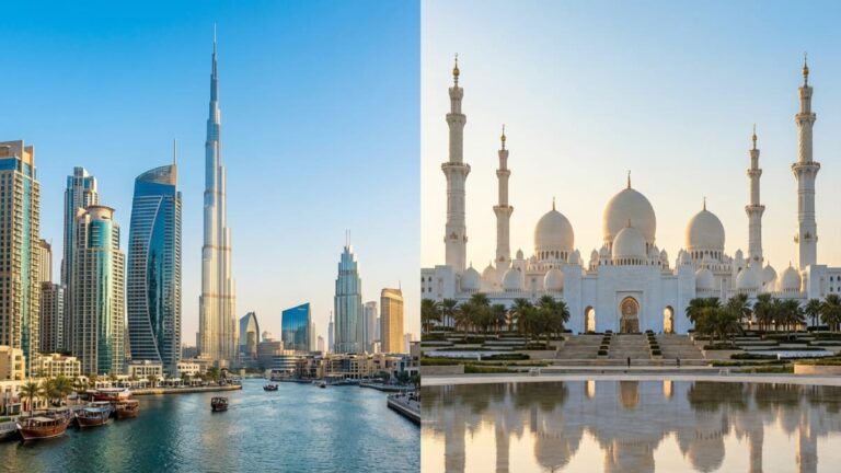 Comparaci&oacute;n entre Dub&aacute;i con el Burj Khalifa y Abu Dhabi con la Gran Mezquita Sheikh Zayed
