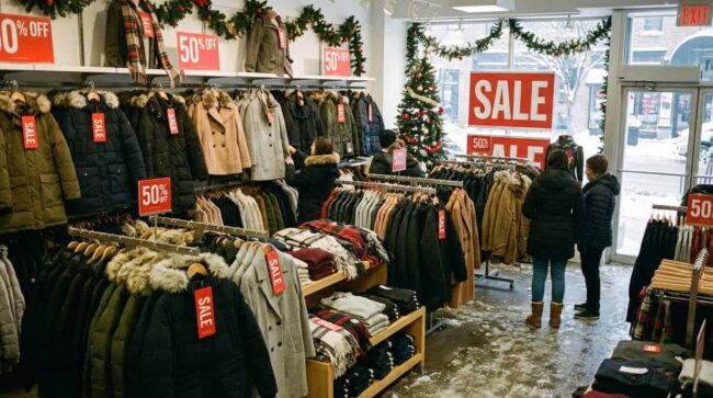 Tienda de ropa en Estados Unidos con descuentos de invierno y carteles de rebajas