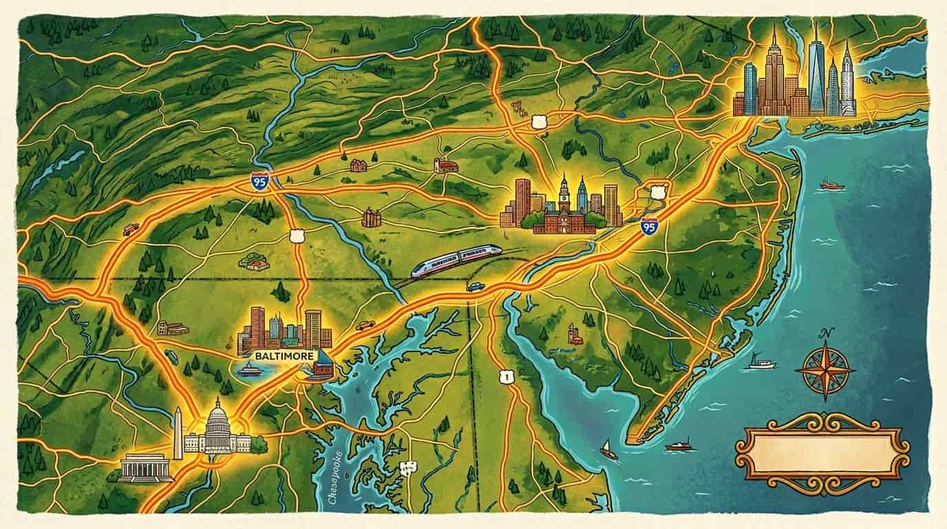 Mapa ilustrado del viaje en carro entre Nueva York y Washington DC pasando por Filadelfia y Baltimore por la autopista I-95