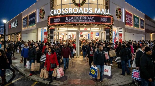 Personas saliendo de un centro comercial durante Black Friday en Estados Unidos con bolsas de compras