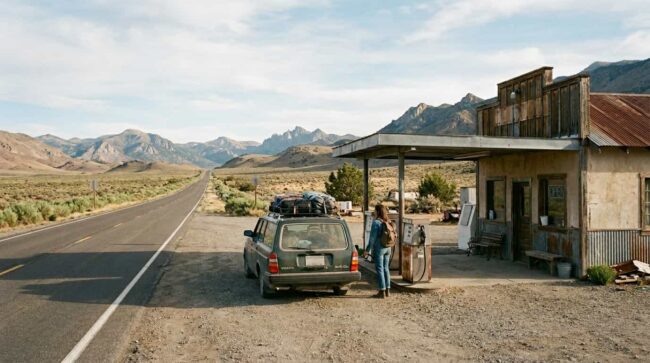 Parada en estación de servicio durante el viaje por carretera entre Los Ángeles y Las Vegas