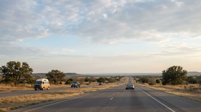 Autopista en Texas en la ruta entre Dallas y Houston Carretera en Texas con autos viajando entre Dallas y Houston