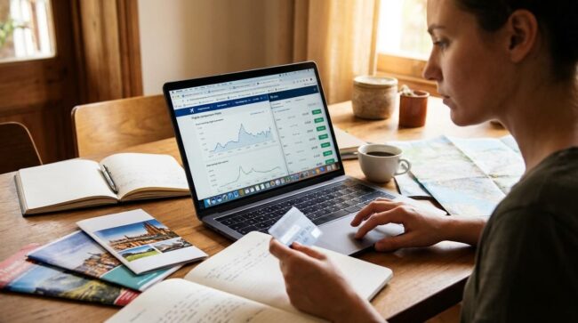 Persona comparando precios de viajes online con tarjeta de crédito en laptop
