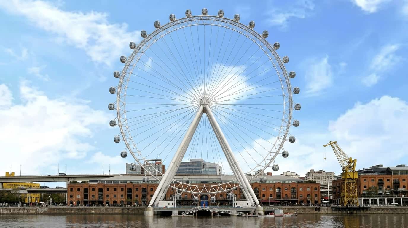 Rueda gigante tipo London Eye junto al río en entorno urbano