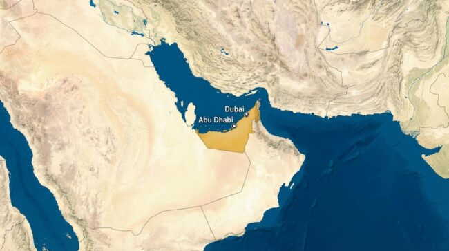 Mapa de Emiratos Árabes Unidos con la ubicación de Abu Dhabi y Dubái en el Golfo Pérsico